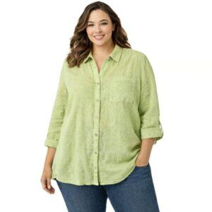 Linen Tunic Blouse Light Green Button Front Tab Sleeve Sigrid Olsen Plus Size 3X